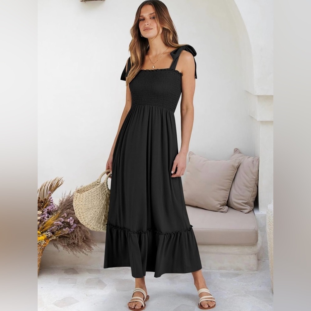 ANRABESS Women Summer Casual Strap Smocked Maxi Flowy Tiered A Line Dress